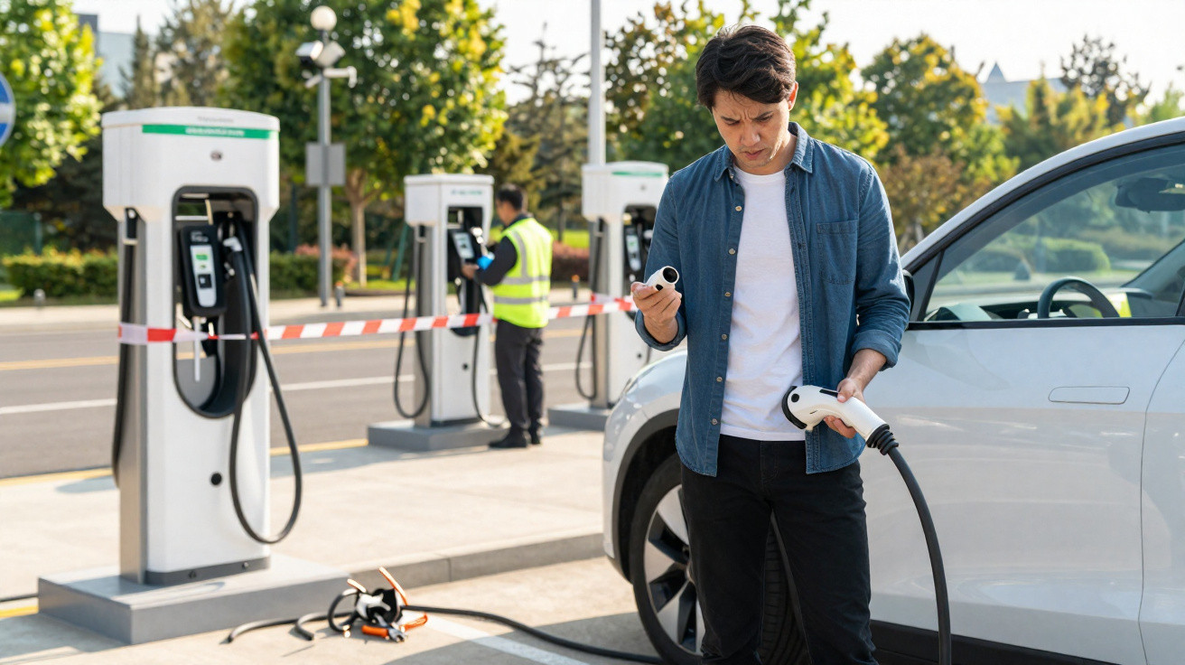 Mann steht an Elektroauto-Ladestation und hält Ladestecker vor seinem weißem Auto.