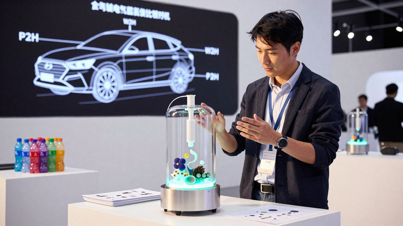 Mann präsentiert wissenschaftliches Modell in Glasdom mit Autoskizze im Hintergrund auf Messe.