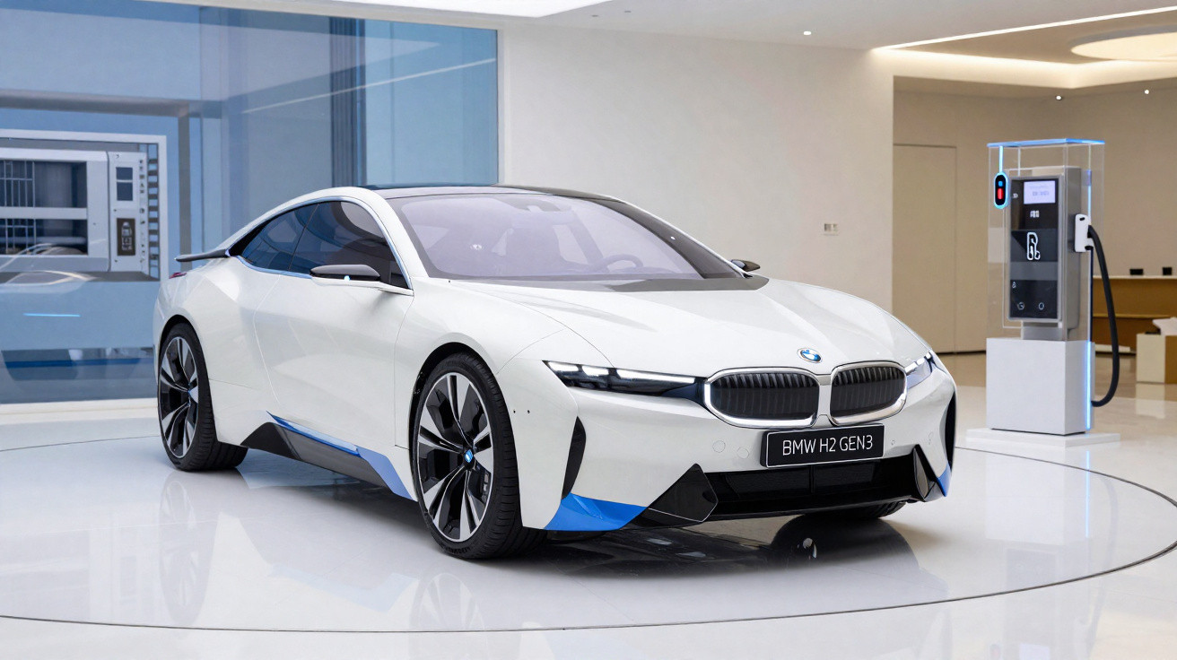 Weißer BMW i4 Elektro-Sportwagen neben Ladestation in modernem Showroom.