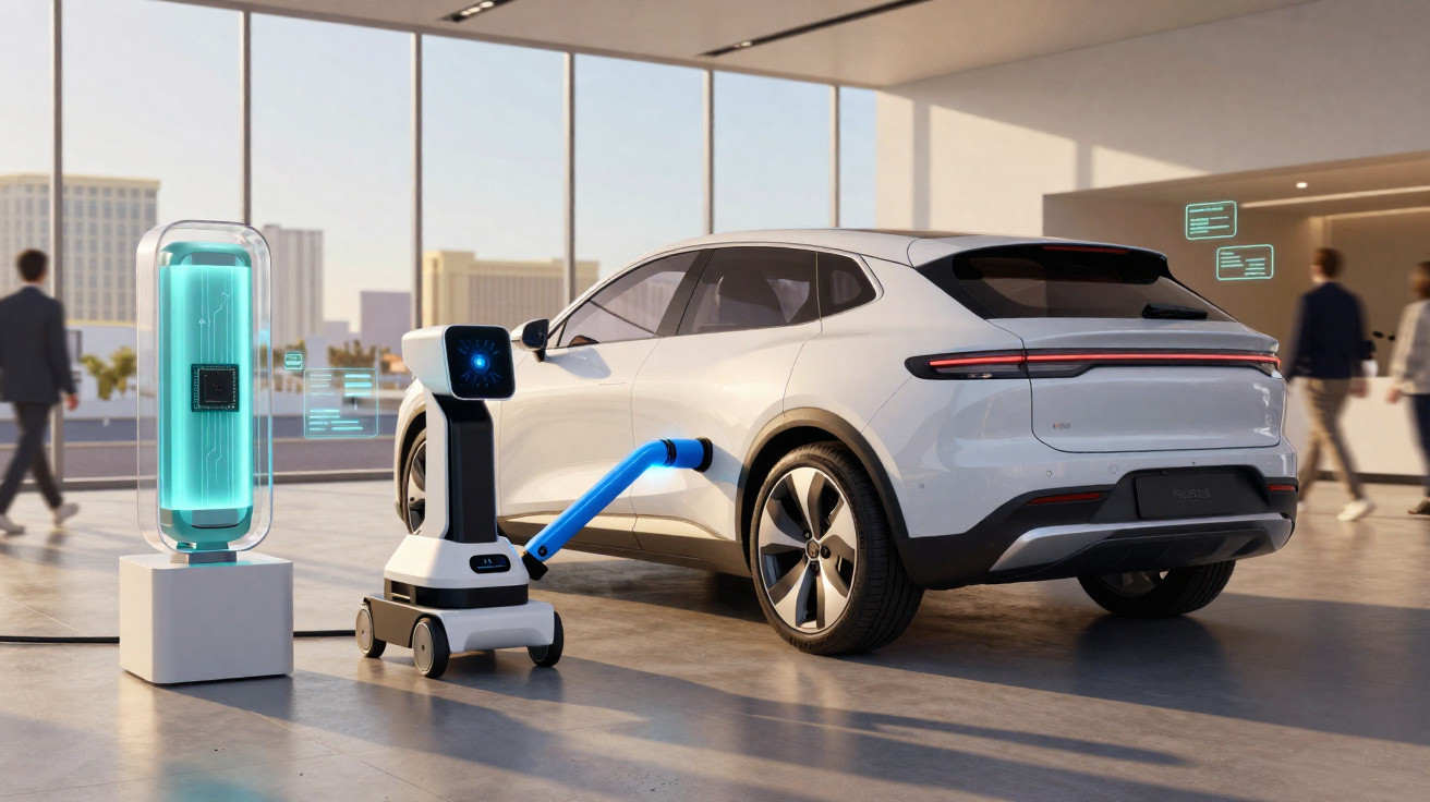 Moderner weißer Elektro-SUV wird von Roboterarm in futuristischer Umgebung aufgeladen.