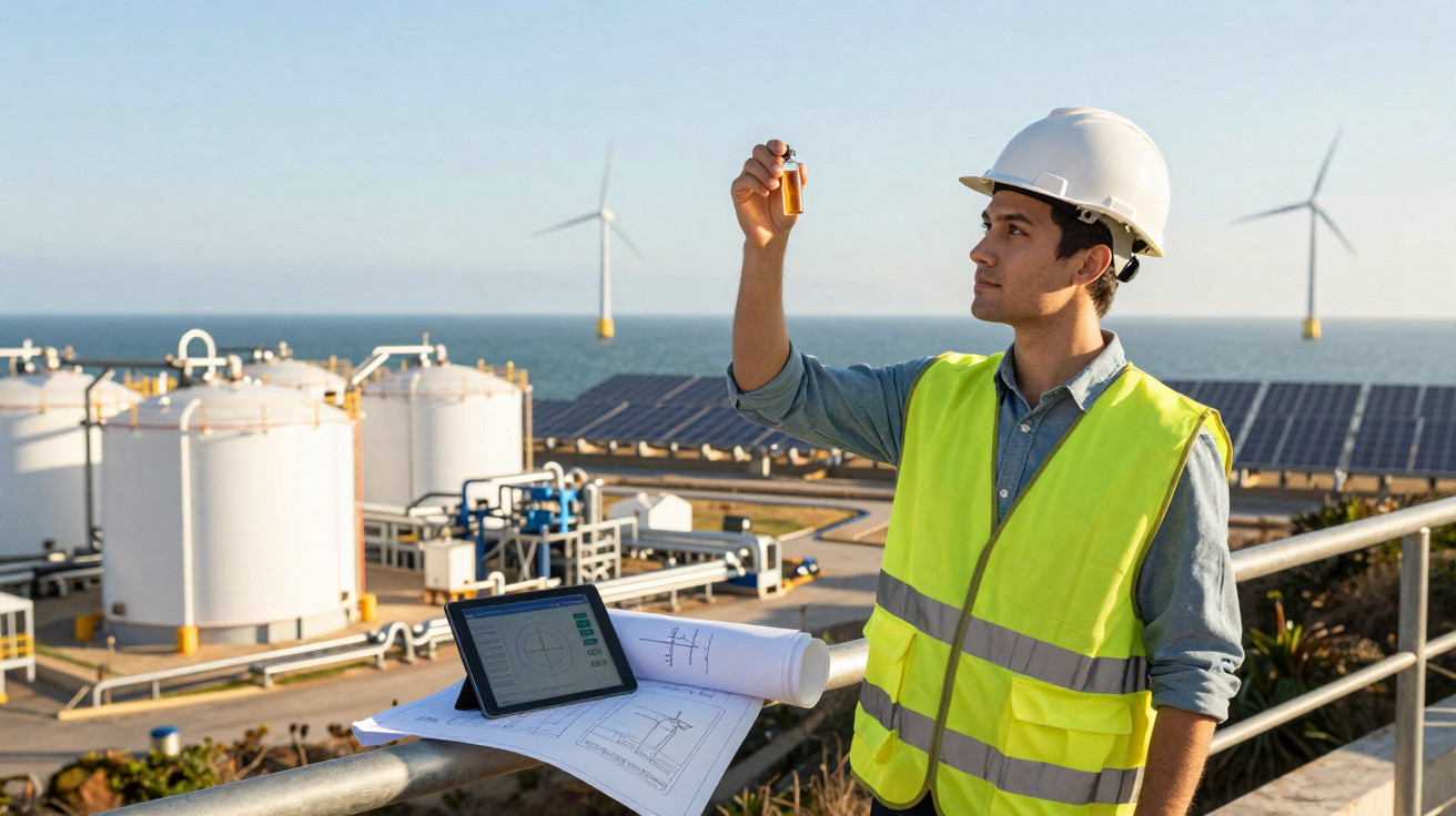 Ingenieur mit Schutzhelm und Warnweste analysiert Energielösung vor Solarpanels, Windrädern und Tanks am Meer.