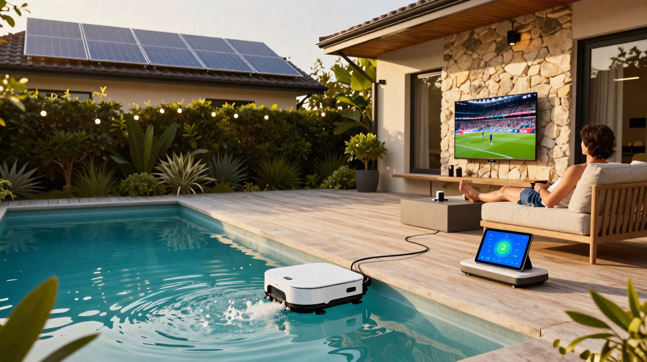 Mann entspannt auf Terrasse am Pool, Fernsehgerät an Steinwand, Poolroboter reinigt Wasseroberfläche.