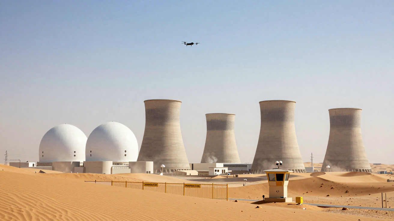 Atomkraftwerk in einer Wüstenlandschaft mit Kühltürmen, Kuppelgebäuden und einer Drohne am Himmel.