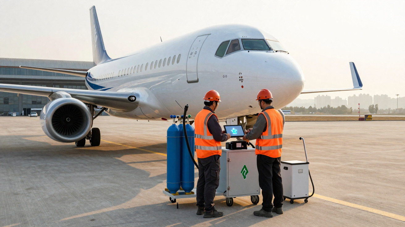 Zwei Flughafenarbeiter mit Schutzhelmen prüfen vor einem abgestellten Flugzeug technische Geräte auf dem Rollfeld.