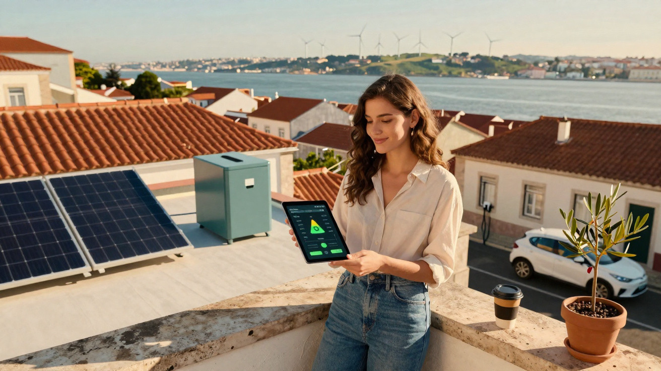 Junge Frau steht auf Balkon mit Solarpanelen, hält Tablet mit Energie-Dashboard, Meeresblick und Windräder im Hintergrund.