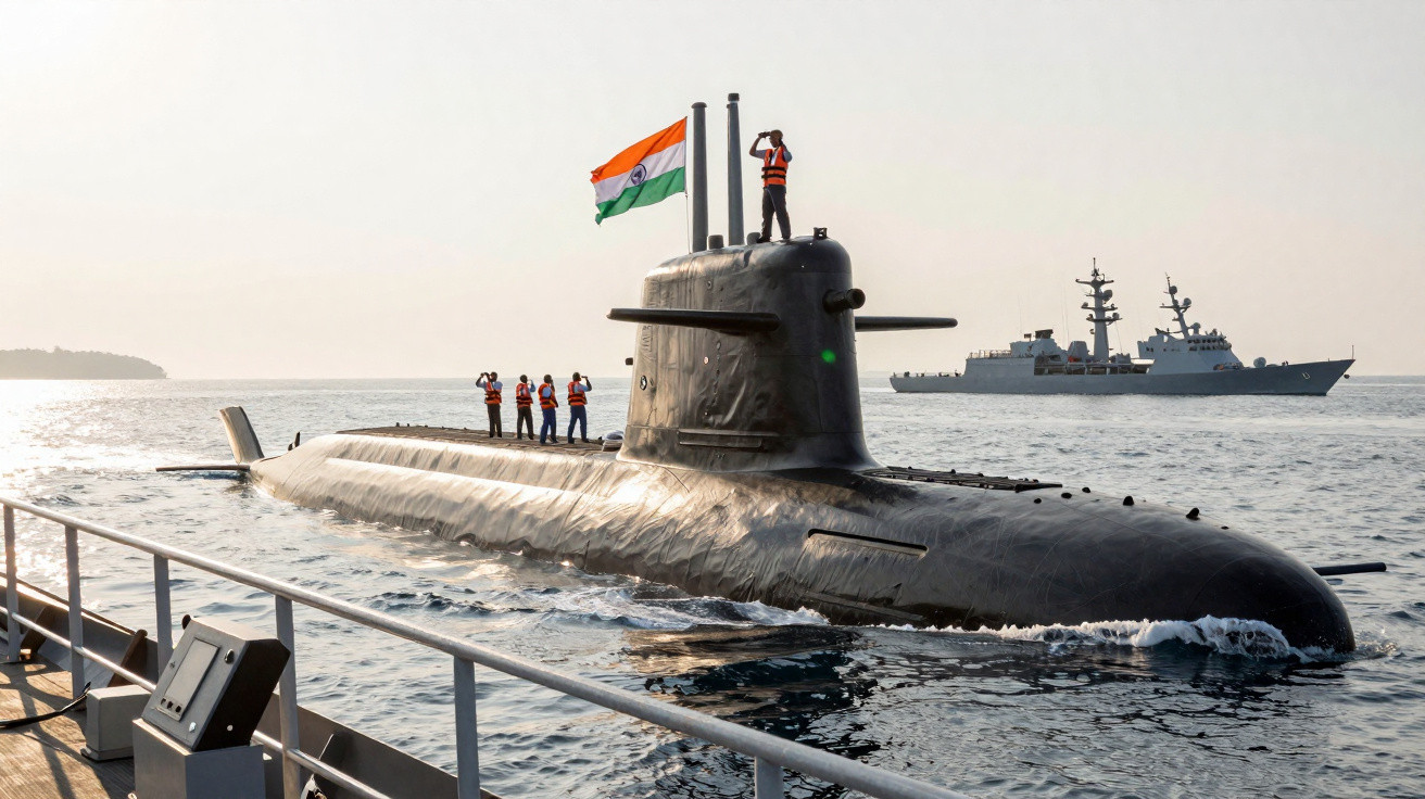 Indisches U-Boot mit Mannschaft auf Deck und Flagge, ein Kriegsschiff im Hintergrund auf dem Meer.