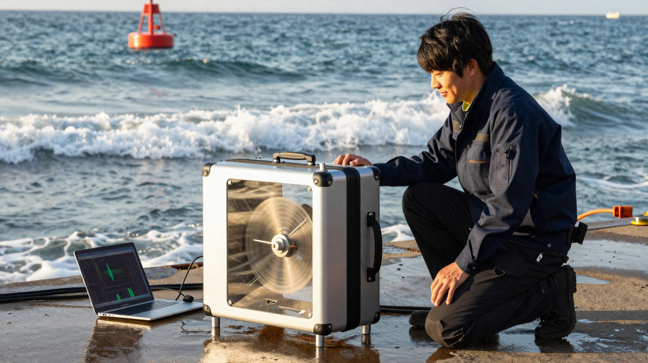 Mann am Meer testet ein Wasserkraftgerät neben einem Laptop mit Datenanzeige auf dem Pier.