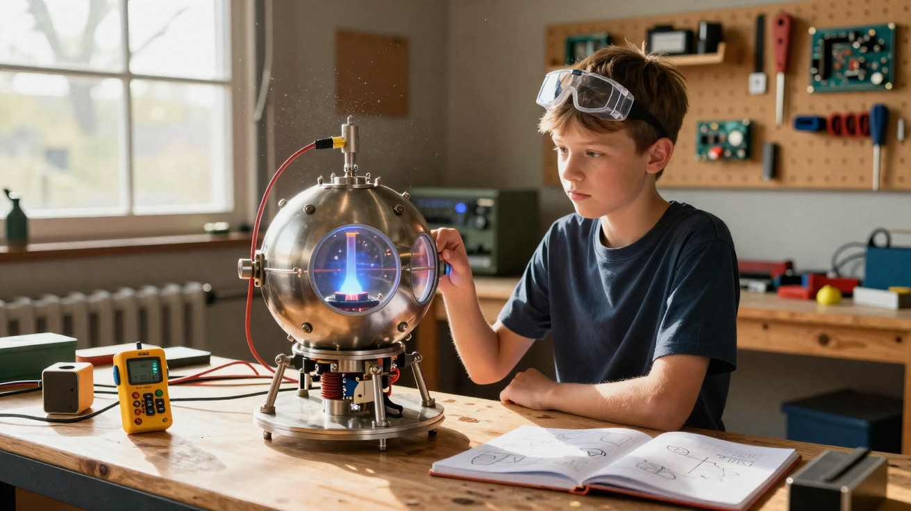 Junge experimentiert mit futuristischer Apparatur in Werkstatt, trägt Schutzbrille und liest Notizen.