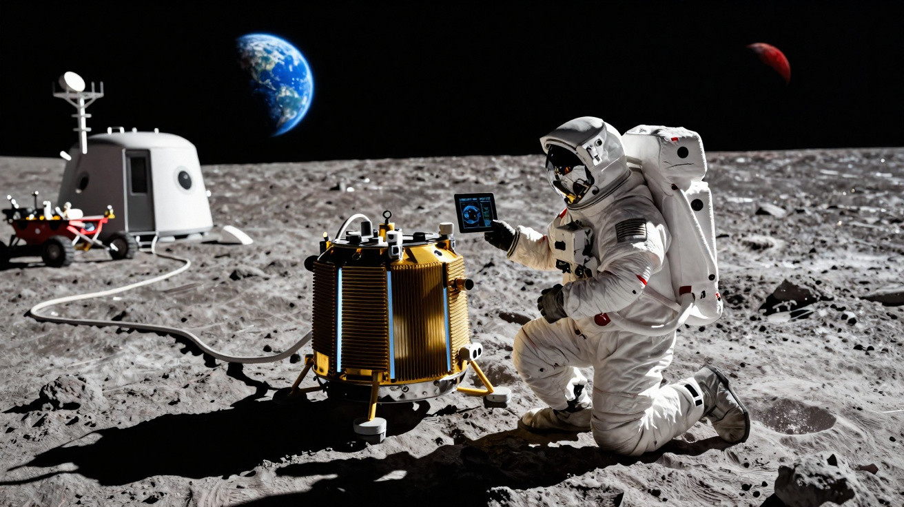 Astronaut kniet auf Mondoberfläche neben wissenschaftlichem Gerät mit Erde und Mars im Hintergrund.