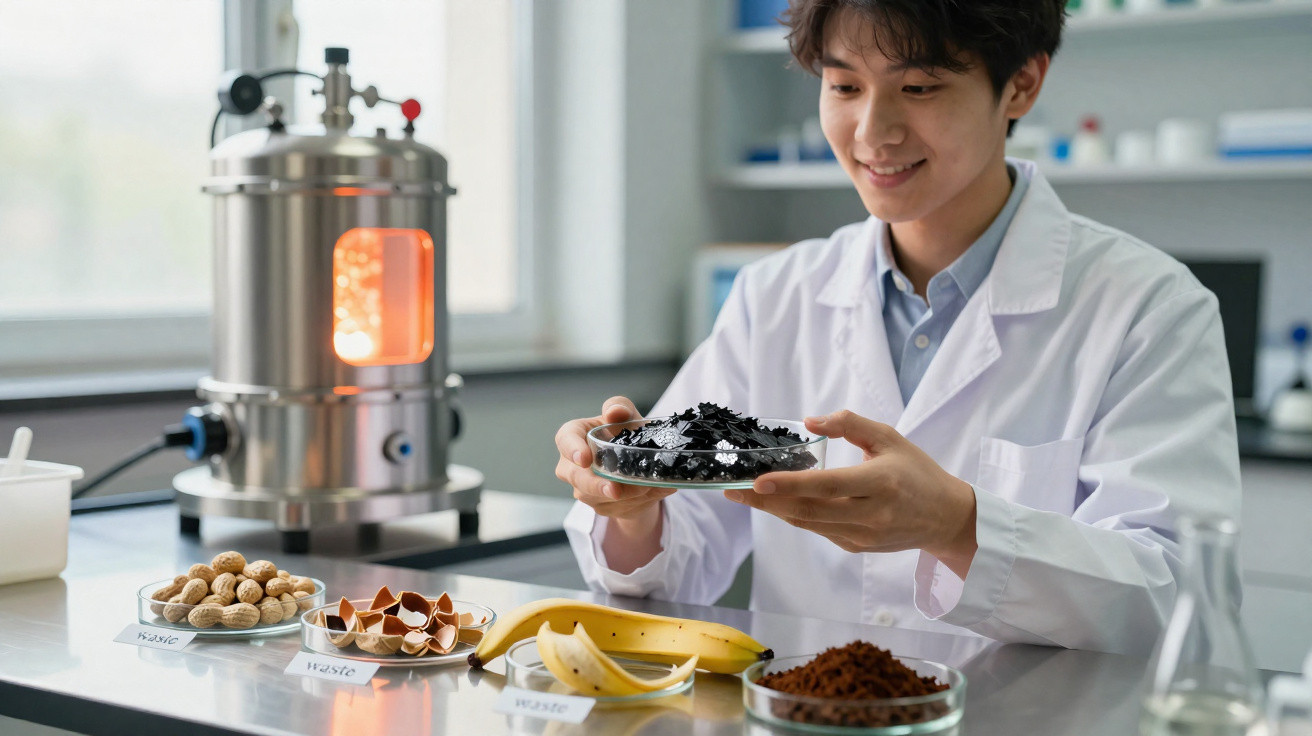 Wissenschaftler im Labor hält Schale mit schwarzem Material, daneben Bananenschale, Kakaobohnen und Schalen.