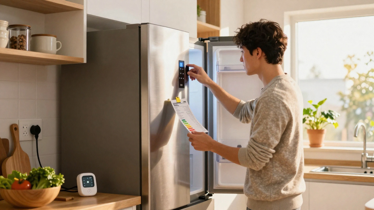 Junger Mann stellt in moderner Küche die Temperatur am silbernen Kühlschrank ein, hält Zettel in der Hand.