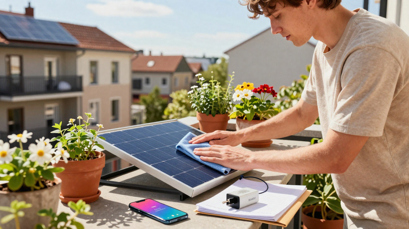 Junger Mann reinigt Solarpanel auf Balkon mit Blumentöpfen, Handy und Ladegerät liegen daneben.
