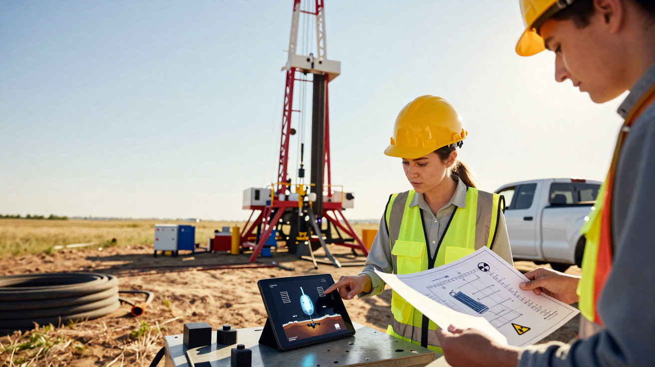 Zwei Arbeiter mit Schutzhelmen und Warnwesten prüfen Bohrpläne und ein digitales Modell auf Baustelle.