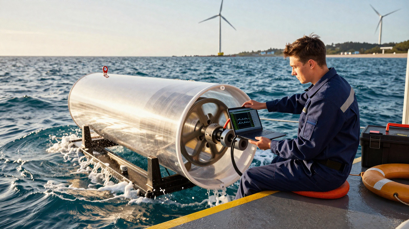 Techniker prüft hydrologisches Messgerät auf einem Boot mit Windrädern im Hintergrund auf dem Meer.