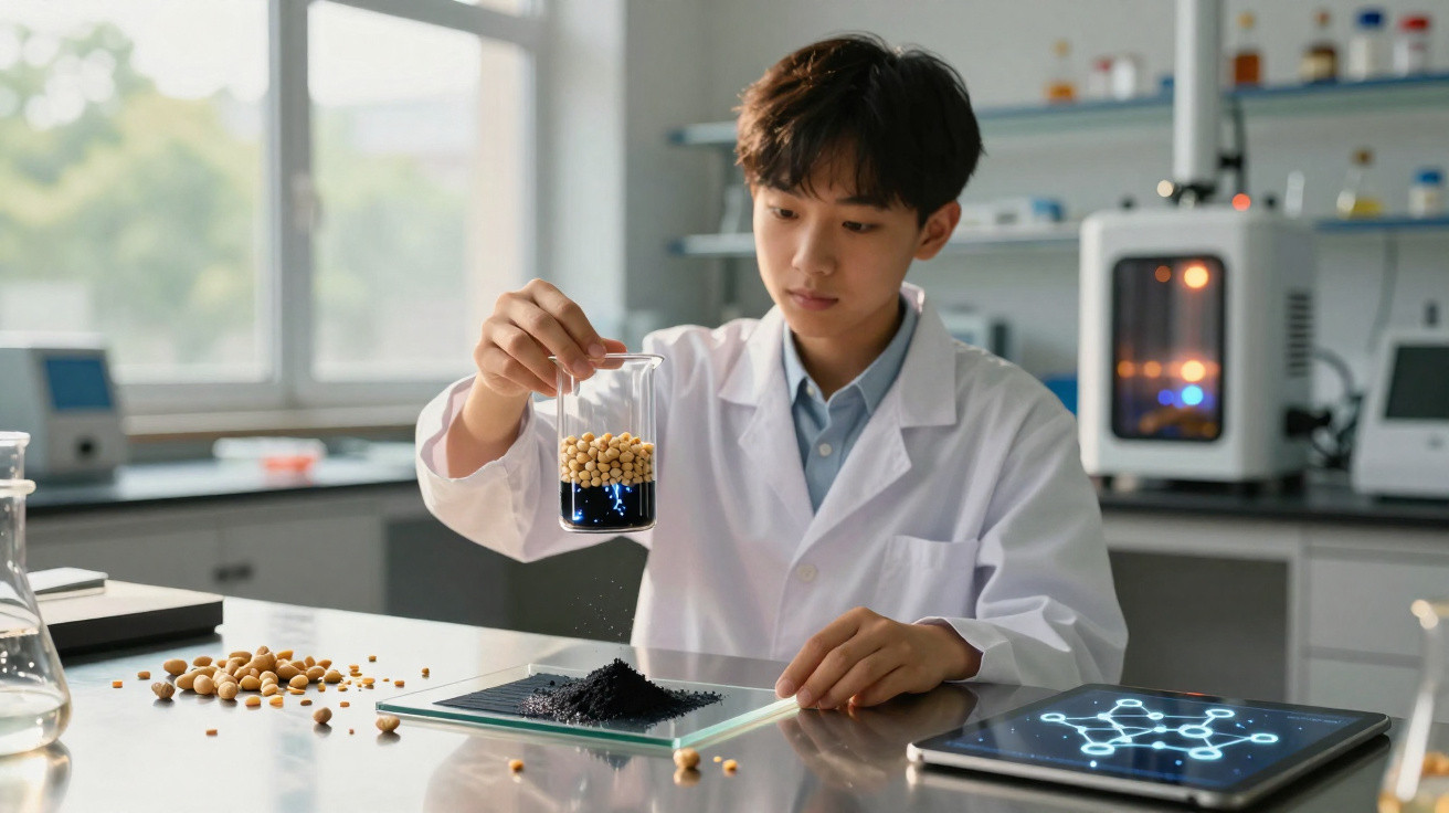 Junger Wissenschaftler im Labor untersucht Sojabohnen und schwarze Substanz auf einem Glasträger.