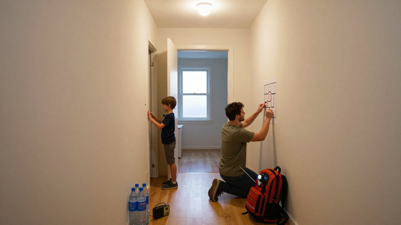 Mann kniet und markiert Wand, Kind steht an Tür, Flur mit Holzboden, Wasserflaschen und Rucksack auf dem Boden.