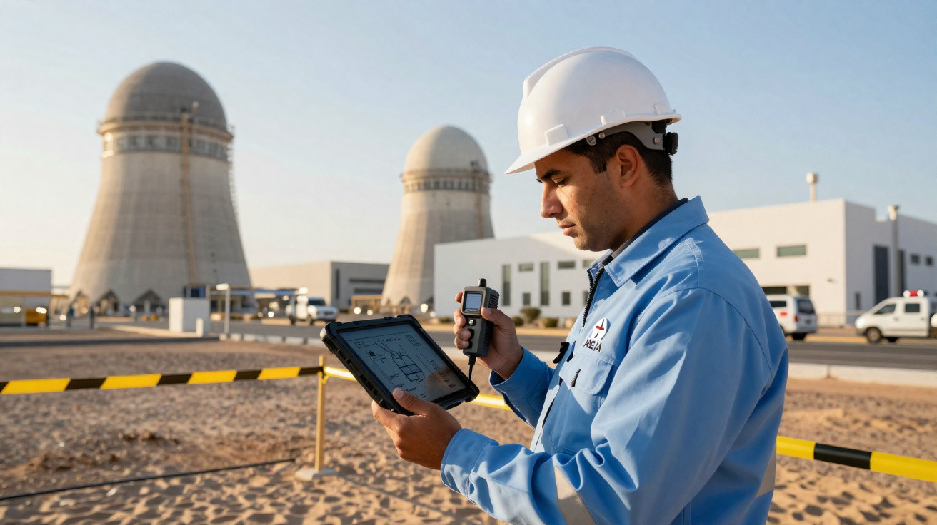 Ingenieur mit Schutzhelm überprüft Messgerät und Tablet vor Kühltürmen eines Industriekomplexes bei Sonnenlicht.
