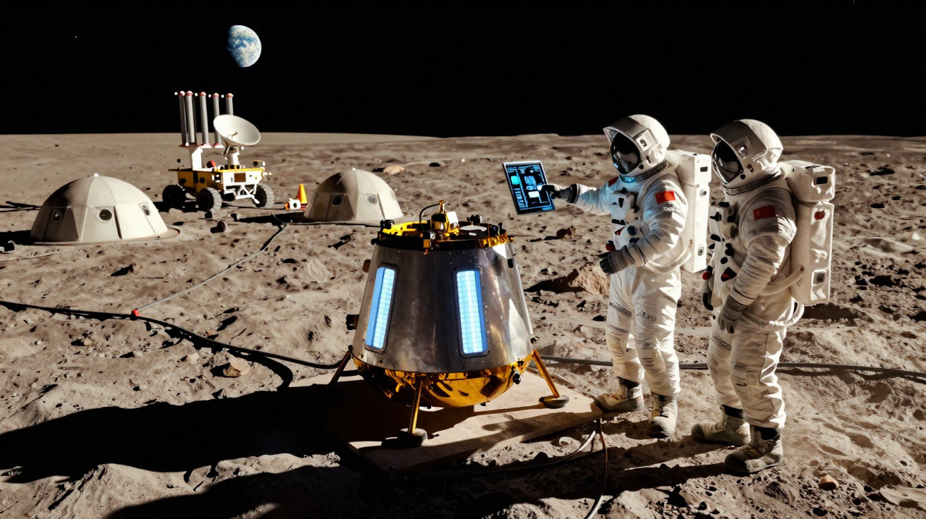 Zwei Astronauten in Raumanzügen arbeiten an einem Gerät auf der Mondoberfläche mit Erde im Hintergrund.
