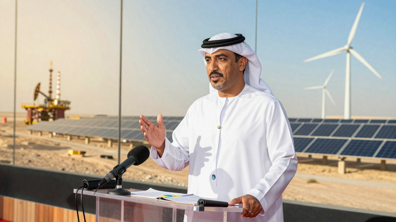 Mann in traditioneller Kleidung spricht vor Mikrofonen, im Hintergrund Solarpanele, Windräder und Ölbohrinsel.
