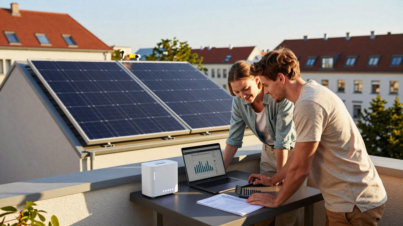 Paar berechnet Energieeffizienz mit Laptop und Solarzellen auf dem Hausdach im Hintergrund.