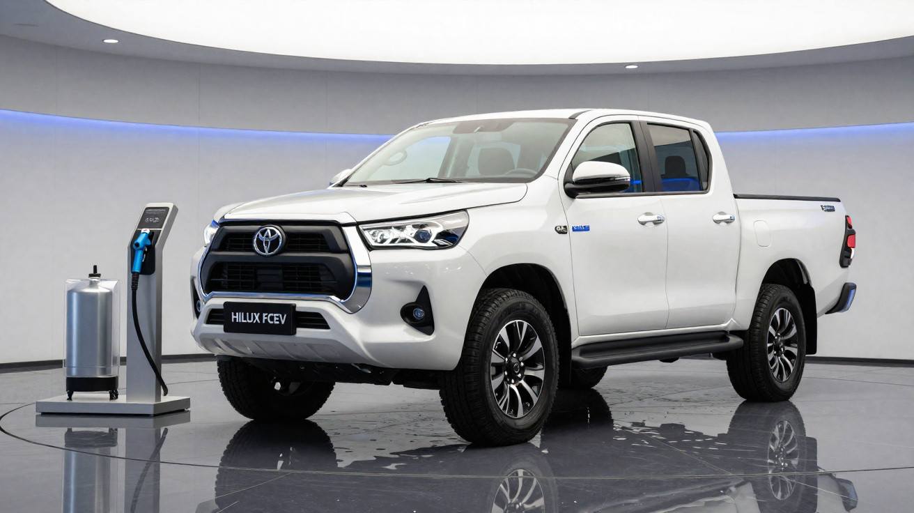 Weißer Toyota Hilux FCEV Pickup steht in modernem Raum an einer Wasserstoff-Ladestation.