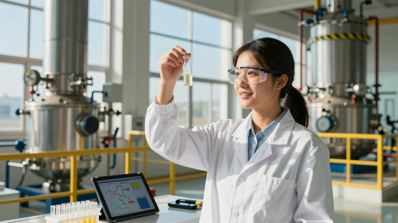Junge Wissenschaftlerin im Labor untersucht Reagenzglas mit Flüssigkeit vor industriellem Hintergrund.