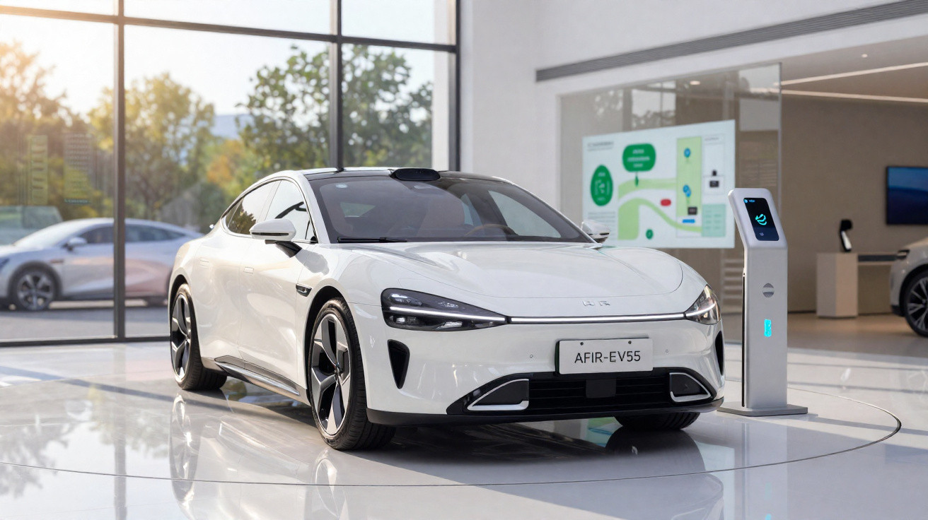 Weißes Elektroauto AFIR-EV55 steht in modernem Showroom neben Ladestation bei Tageslicht.
