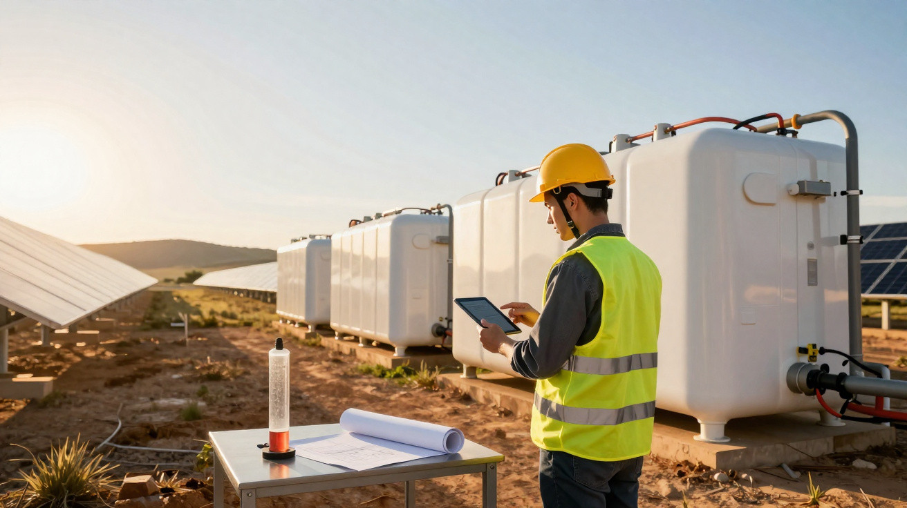 Ingenieur mit Schutzhelm überprüft Solaranlage und Speicherbehälter bei Sonnenuntergang im Freien.