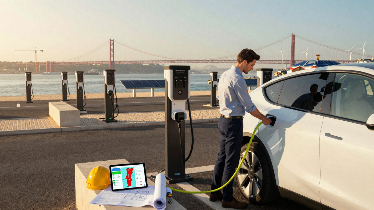 Mann lädt weißes Elektroauto an Ladestation am Flussufer mit Brücke und Windrädern im Hintergrund.