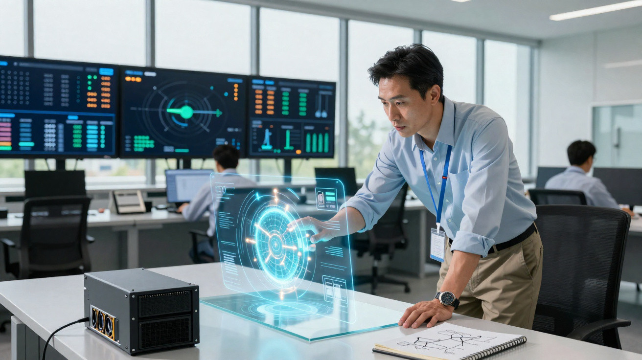 Mann arbeitet an futuristischem holographischem Interface in modernem Kontrollraum mit Monitoren und Kollegen im Hintergrund.