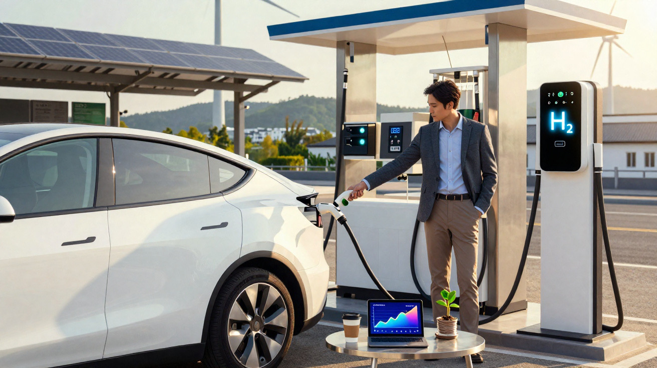 Mann lädt Wasserstoffauto an Tankstelle auf, neben ihm Laptop mit Diagramm und kleiner Pflanze auf Tisch.