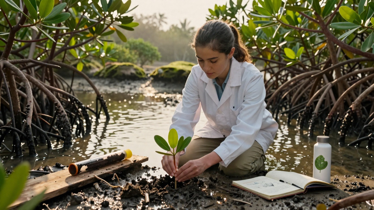 Junge Forscherin pflanzt Mangrovensetzling im Sumpfgebiet für Umweltschutz und Klimaforschung.
