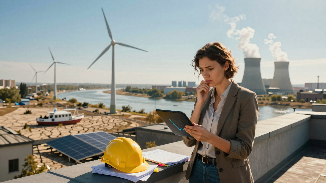 Frau mit Tablet auf Dach, im Hintergrund Windräder, Solarpanele und rauchende Kühltürme eines Kraftwerks.
