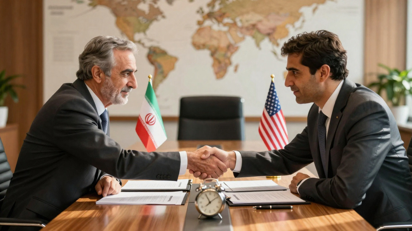 Zwei Männer in Anzügen schütteln sich vor mit Iran- und US-Flaggen an einem Konferenztisch die Hand.