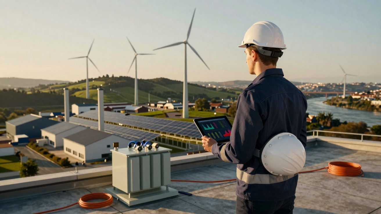 Ingenieur mit Schutzhelm kontrolliert erneuerbare Energieanlagen mit Windkraftanlagen und Solarpanelen bei Sonnenuntergang.