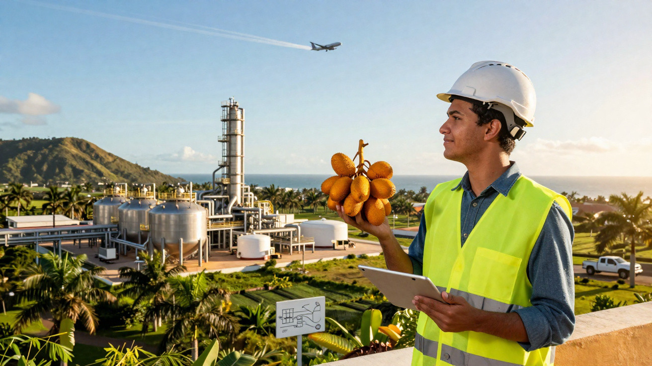 Ingenieur mit Schutzhelm und Warnweste hält Früchte vor Industrieanlage mit Meer und Flugzeug im Hintergrund.