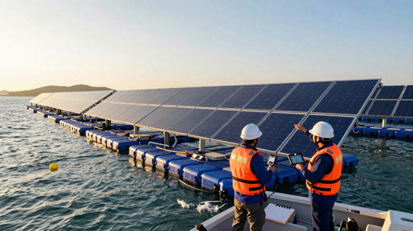 Zwei Ingenieure mit Schutzhelmen prüfen schwimmende Solarpanels auf dem Wasser bei Sonnenuntergang.