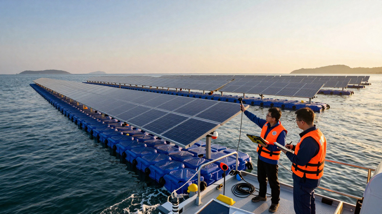 Zwei Männer in orangenen Westen inspizieren schwimmende Solarpanels auf dem Meer bei Sonnenuntergang.