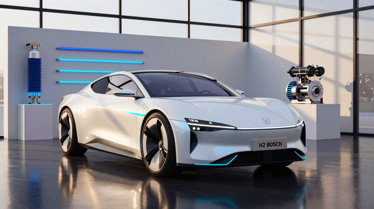 Weißes Elektroauto mit futuristischem Design in modernem, hell beleuchtetem Ausstellungsraum.