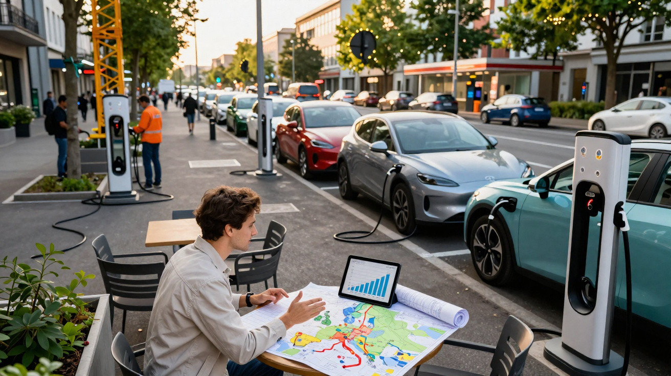 Mann sitzt am Straßencafé mit Karte und Tablet, Elektroautos laden an Ladestationen im Hintergrund.