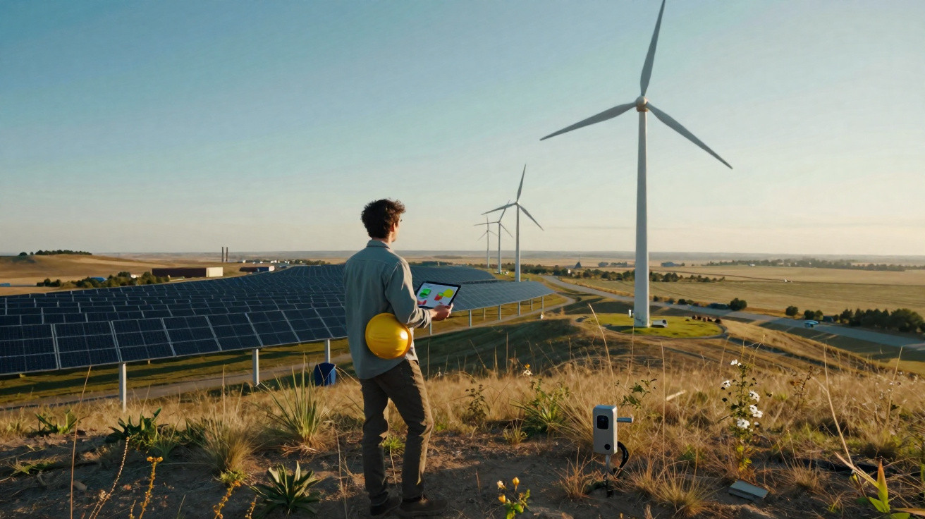 Mann mit Bauhelm und Tablet vor Solaranlage und Windrädern in sonniger ländlicher Umgebung.