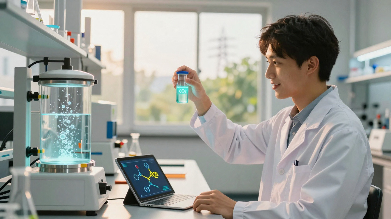 Junger Wissenschaftler im Labor hält eine Flasche mit CO2 neben einem Laptop mit Molekülmodell.