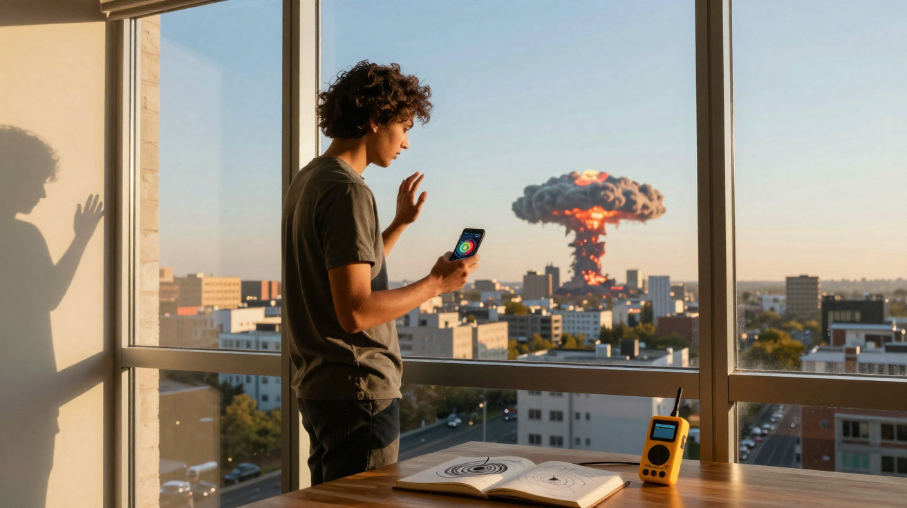Junger Mann blickt mit Handy in der Hand aus Fenster auf explodierende Atombombe über Stadt.