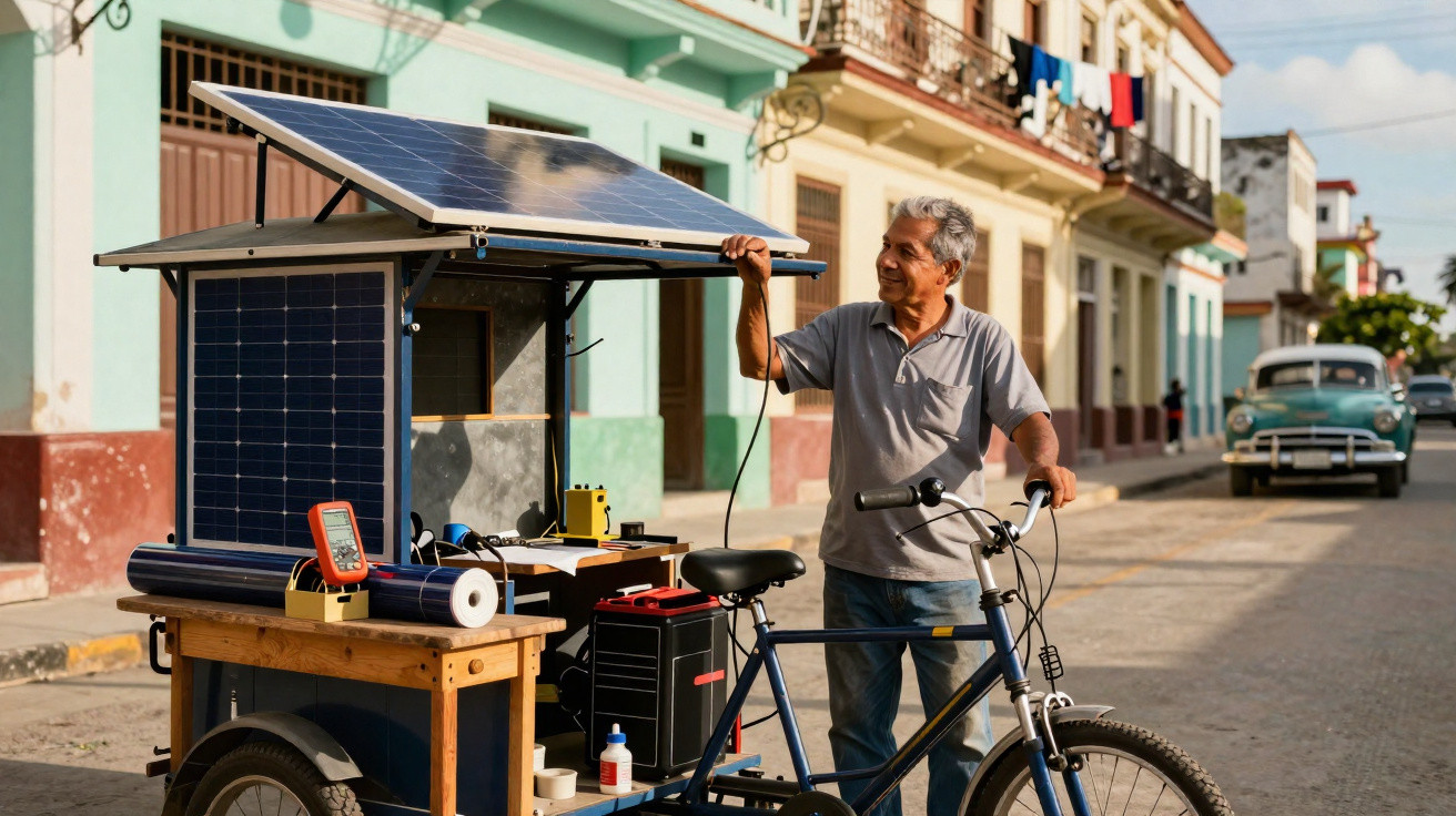 Älterer Mann steht neben einem Fahrrad mit montierten Solarpanelen in einer sonnigen Stadtstraße.