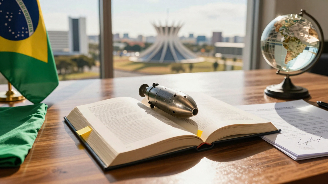 Aufgeschlagenes Buch mit Metallmodell auf Holzschreibtisch, brasilianische Flagge, Globus und Dokumente im Hintergrund.