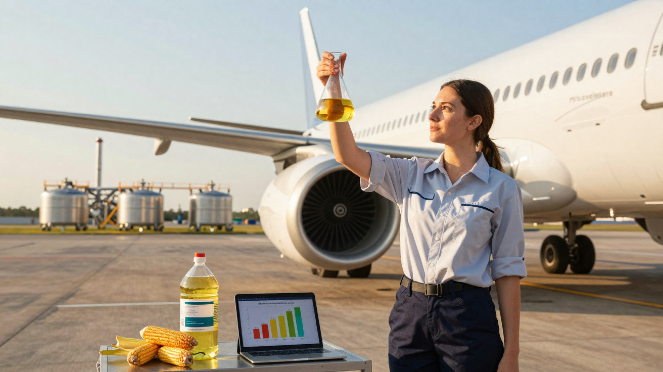 Frau inspiziert Biokraftstoff in Kolben vor Flugzeug, Tisch mit Mais, Flasche und Laptop mit Diagramm.