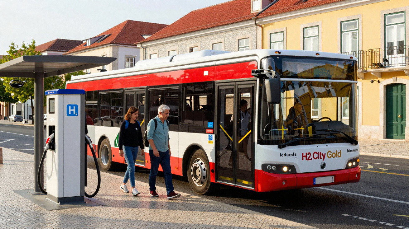 Zwei Personen steigen an einer Haltestelle vor einem roten Wasserstoffbus mit Aufschrift „H2.City Gold“ ein.