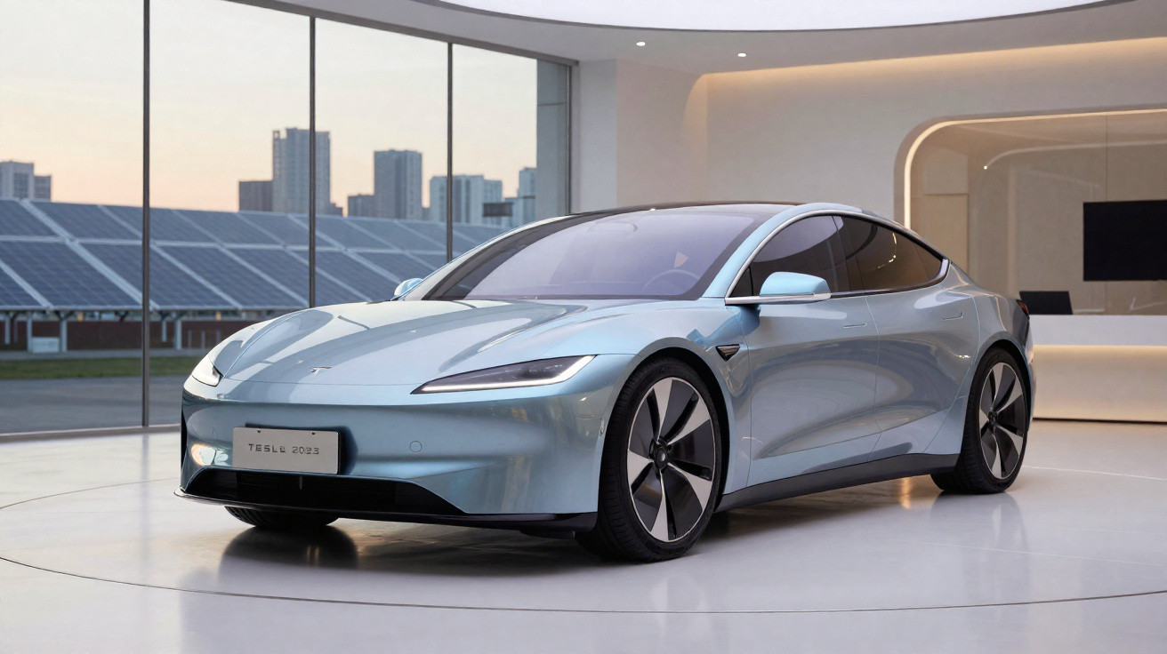 Silberner Tesla Model S steht in modernem Ausstellungsraum mit großen Fenstern und Stadtblick.