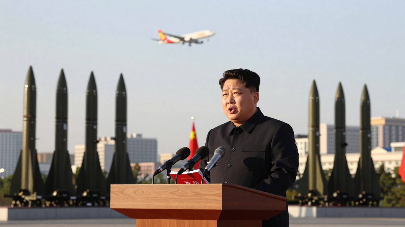 Nordkoreanischer Politiker hält Rede vor Raketen, im Hintergrund fliegt ein Passagierflugzeug am Himmel.