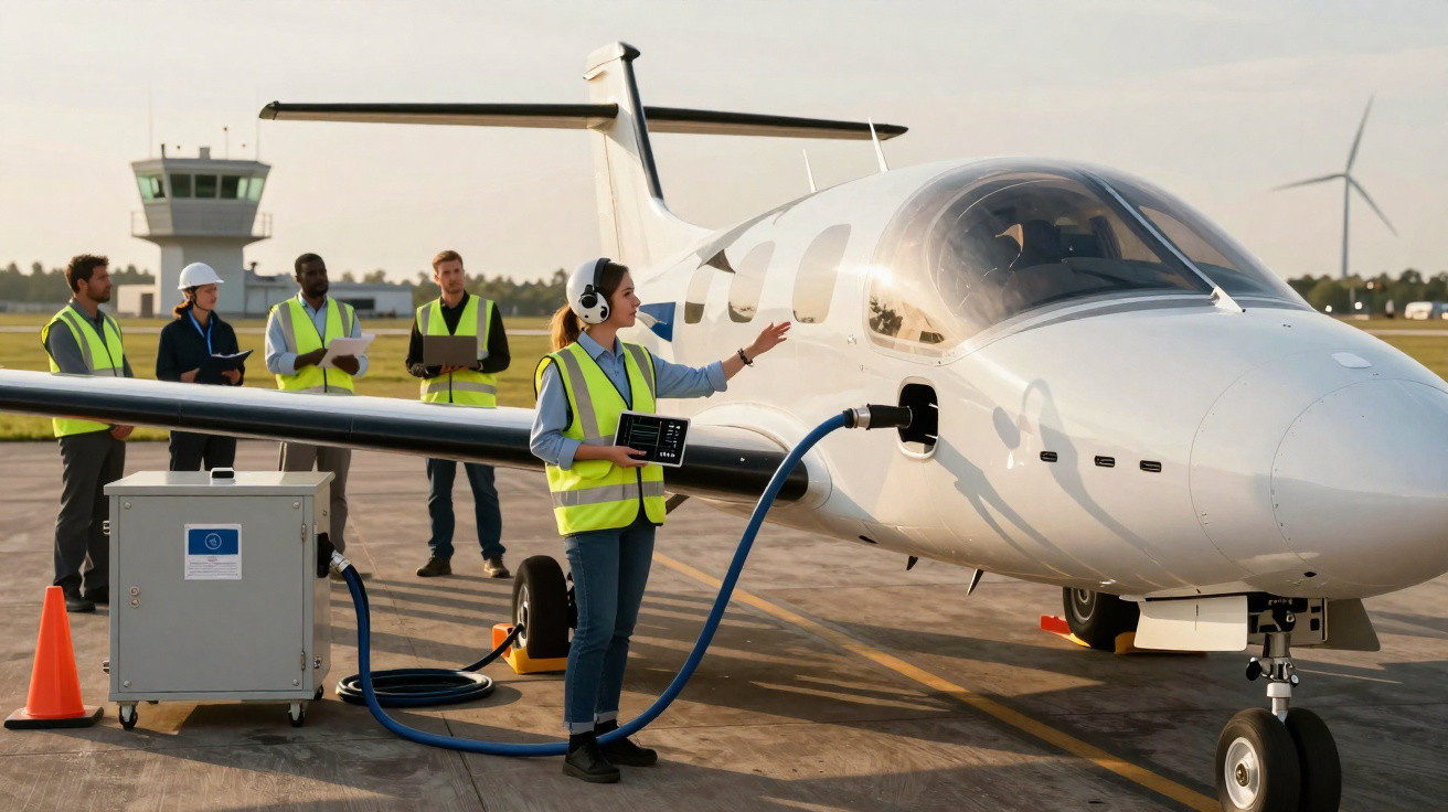 Technikerinnen tanken ein modernes Elektroflugzeug auf einem Flughafen vor der Startkontrolle in hellem Tageslicht.